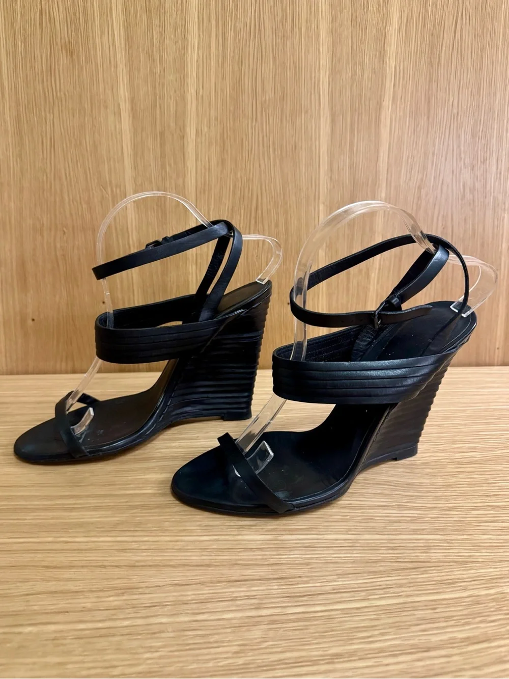 Bottega Veneta Black Leather Wrap-Around Wedge Sandals